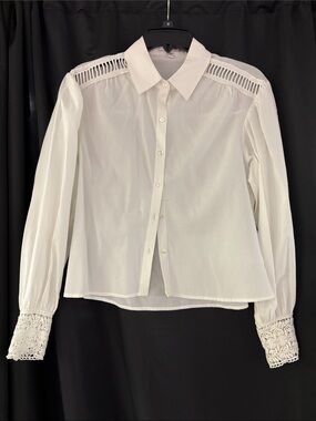 Express White Button-Down Blouse with Crochet Yoke and Lace Cuffs